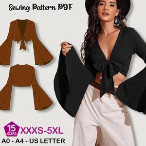 Può includere: Un top nero con nodo frontale e maniche lunghe a campana. L'immagine mostra anche un'illustrazione marrone del top e i dettagli del modello di cucito, comprese le taglie XXXS-5XL e i formati carta A0-A4-US LETTER. Il testo "Sewing Pattern PDF" è in alto.