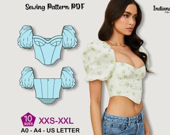 Corset Puff Sleeve Sewing Pattern, Bustier Top, Women’s Digital PDF, Blouse Sewing Pattern 10 sizes