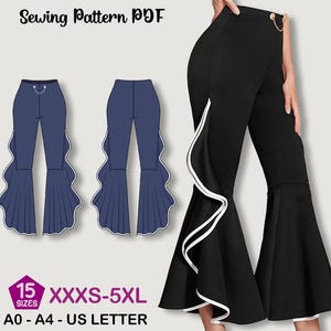 Könnte beinhalten: Schwarze Schlaghose mit weißem Besatz und goldenem Kettendetail. Das Bild zeigt auch eine Schnittmusterzeichnung der Hose in Blau. Der Text auf dem Bild lautet "Sewing Pattern PDF", "15 Größen XXXS-5XL" und "A0 - A4 - US LETTER".