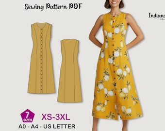 Sleeveless A-Line Dress Sewing Pattern, Button Front Summer Dress PDF, Linen Long Dress Pattern