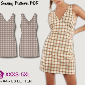 Puede incluir: Se muestra un vestido con cuello en V a cuadros en marrón, blanco y beige, junto con un diagrama de patrón de costura. El texto "Sewing Pattern PDF" e "Indiana Patterns" son visibles. El patrón incluye tallas XXXS-5XL y está disponible en formatos A0, A4 y US Letter.