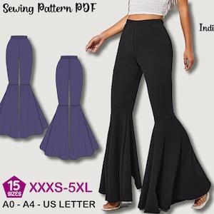 Patron de couture de pantalon bas cloche | Pantalon large évasé PDF | Pantalon DIY rétro pour femme | Téléchargement numérique pour les débutants