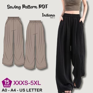 Puede incluir: Un patrón de costura PDF para pantalones de pierna ancha. La imagen muestra un pantalón negro y un boceto de dos pantalones beige. El texto en la imagen incluye "Sewing Pattern PDF", "Indiana Patterns", "15 Sizes XXXS-5XL" y "A0 - A4 - US LETTER".