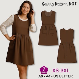 May include: A brown pinafore dress with pockets, shown on a woman, with a white long-sleeve shirt underneath. The image also shows a sewing pattern with front and back views of the dress. Text reads "Sewing Pattern PDF", "7 Sizes", and "XS-3XL".