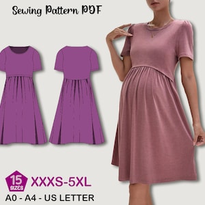 Puede incluir: Un patrón de costura PDF para un vestido de maternidad malva con mangas cortas y falda fruncida. La imagen incluye una modelo que lleva el vestido e ilustraciones de las vistas delantera y trasera. El texto indica tallas XXXS-5XL y A0-A4-US LETTER.