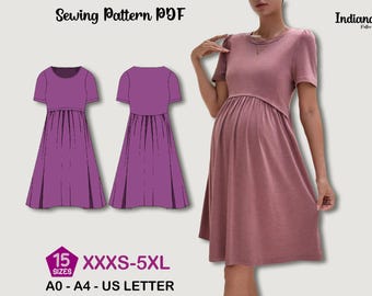 Puede incluir: Un patrón de costura PDF para un vestido de maternidad malva con mangas cortas y falda fruncida. La imagen incluye una modelo que lleva el vestido e ilustraciones de las vistas delantera y trasera. El texto indica tallas XXXS-5XL y A0-A4-US LETTER.