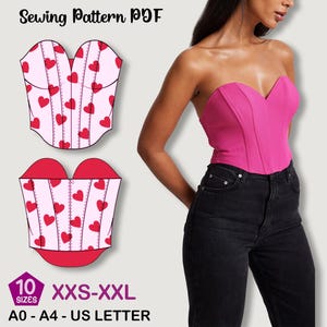 Könnte beinhalten: Ein pinkfarbenes trägerloses Korsett-Top und ein PDF-Schnittmuster. Das Muster zeigt ein pinkfarbenes Korsett-Design mit roten Herzformen. Der Text auf dem Bild lautet "Sewing Pattern PDF", "XXS-XXL" und "A0 - A4 - US LETTER".