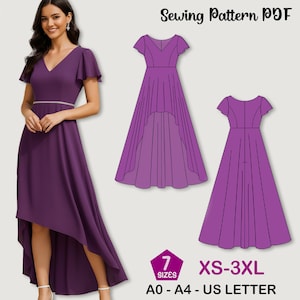 May include: A purple high-low dress with a V-neck and flutter sleeves is shown. The image also includes a sewing pattern diagram of the dress. Text on the image reads "Sewing Pattern PDF", "7 Sizes", and "XS-3XL".