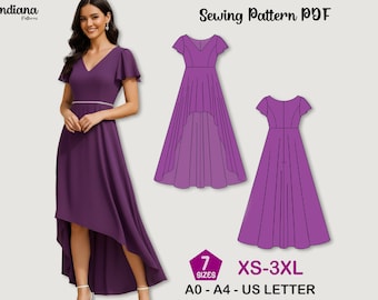 Bridesmaid Dress Sewing Pattern, High Low Flutter Sleeve, V Neck Formal Gown, Wedding Guest