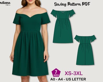 Off Shoulder Skater Dress Sewing Pattern PDF XS-3XL, Fit and Flare Dress Pattern, Summer Party Dress