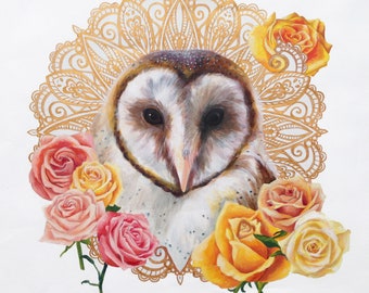 Owl Love You 12" x 12" Fine Art Print, Owl and Rose Artwork Valentine