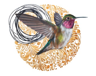 Golden Horizons Fine Art Print, Sweet little humming bird with gold flourishing design, Fine Artwork