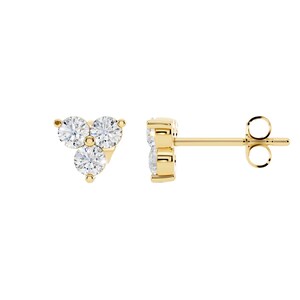 May include: A pair of gold stud earrings, each featuring three clear, round-cut gemstones arranged in a triangular cluster. The earrings have a post and butterfly backing for secure wear.