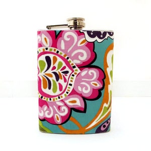 Floral Flask for Women, 6 oz Hip Flask, Colorful Flask, Blue, Orange and Pink, Womens Gift