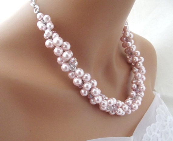 Chunky Pink Pearl Bridal Jewelry Set Crystal Pearl Necklace