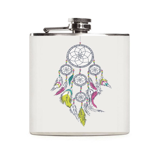 Custom Dreamcatcher Flask, Colorful Dream Catcher Water Color Native American Boho Womens 6oz Hip Flask