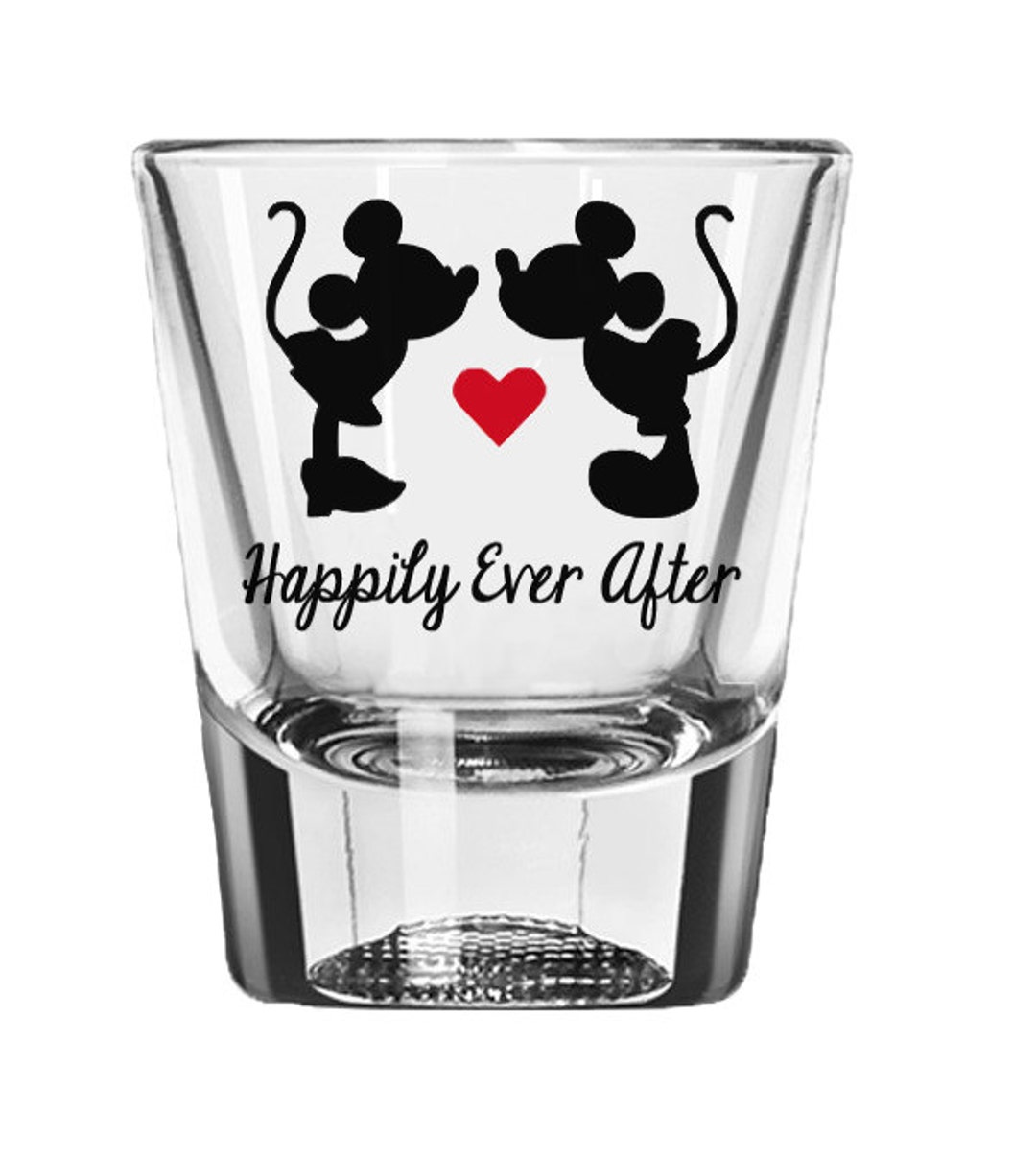 Disney Shot Glass, Mickey and Minnie Mouse, Happily Ever After, Disney Wedding Favor Custom 2oz