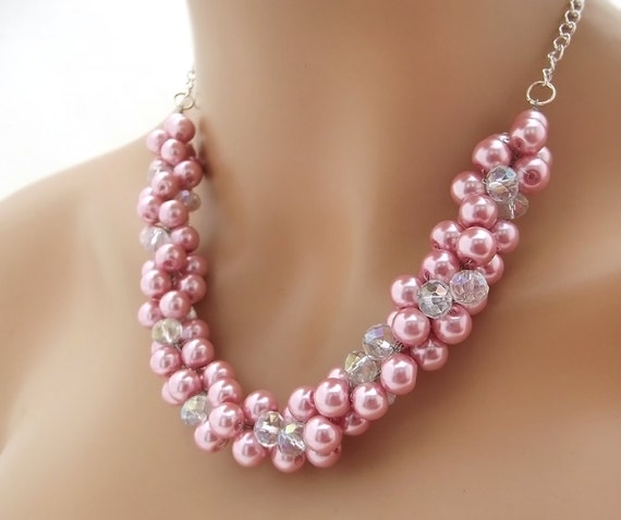 Pink Pearl Necklace Bridal Pearl Necklace Wedding Cluster