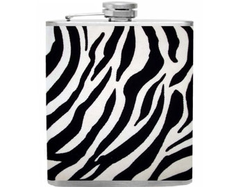 Zebra Flask, Black and White Zebra Stripes, 6 oz Liquor Hip Flask for Women