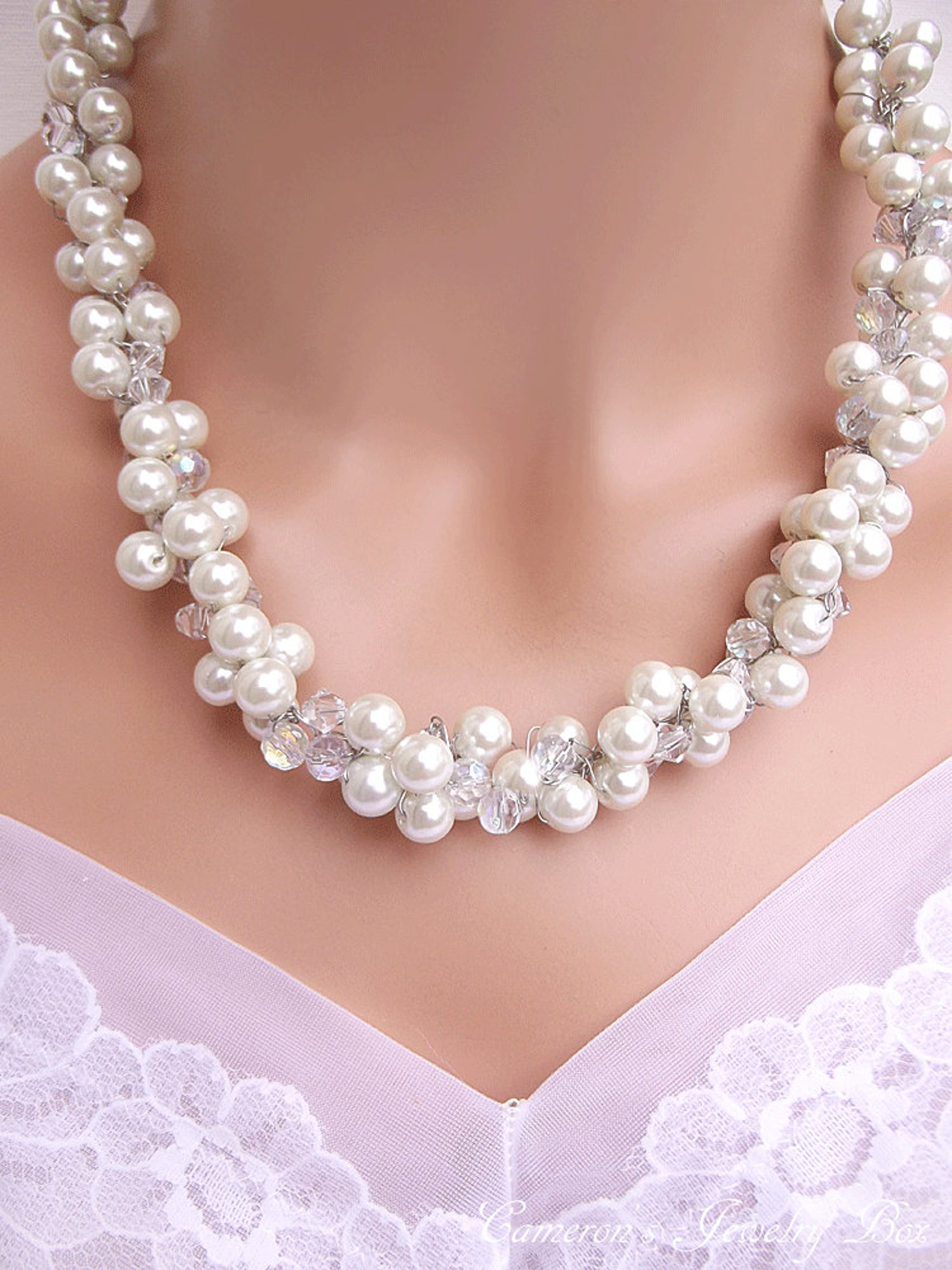 Chunky White Pearl Necklace with Swarovski Crystals Bib Etsy