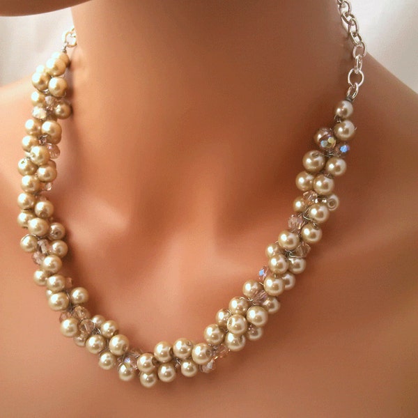 Champagne collana di perle, collana di cristalli Swarovski, collana nuziale, damigella d'onore