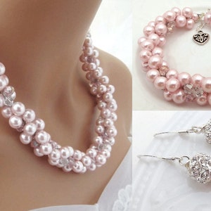 Chunky Pink Pearl Bridal Jewelry Set, Crystal Pearl Necklace, Bracelet and Earrings Set, Pearl Bridesmaids Jewelry