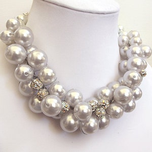 Chunky Pearl Wedding Jewely, White Pearl Necklace, Bridal Necklace, Rhinestone Wedding Necklace, Bridesmaids Gift