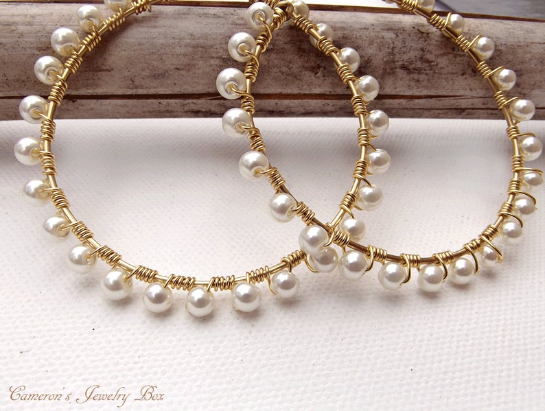 Gold Wire Wrap Hoop Earrings Pearl Earrings Beaded Hoops Etsy