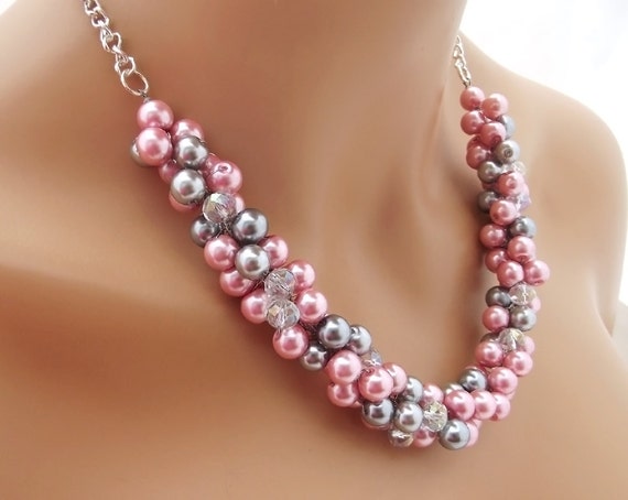 Grueso collar de perlas collar de color rosa y gris perla | Etsy México