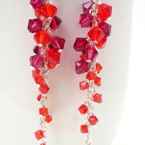 Red Swarovski Crystal Earrings, Long Red Earrings, Red Crystal Earrings, Colorful Earrings, Red Jewelry