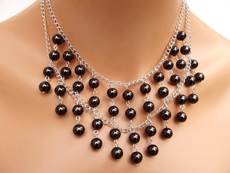 Black Bib Necklace Black Pearl Necklace Bridal Statement Etsy