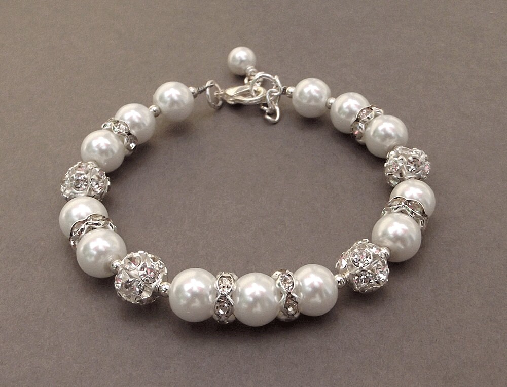 White Pearls Shiny Rhinestones Evening Bridal Party 2 Rows Bangle Bracelet BB103