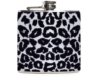 Leopard Print Flask, Black and White, Animal Print, Wedding Bridal Party, Girly Womens Gift Flask, 6oz Hip Flask