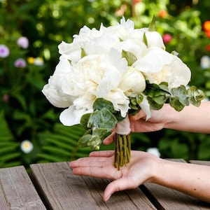 Artificial Bridal Bouquet – White Peony & Greenery Handmade Wedding Bouquet, Elegant Silk Flower Arrangement, Keepsake Bridal Flowers