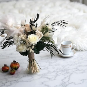 Artificial White Wedding Bridal Bouquet, Elegant Rustic Bride Hand-Tied Flowers, Romantic Keepsake Bouquet, Timeless Wedding Decor