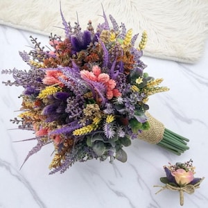 Colorful Dried Wedding Bridal Bouquet with Boutonniere, Rustic Boho Artificial Flowers, Handmade Bride Bouquet Set for Wedding For Bridal