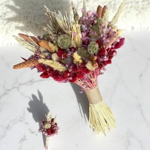 Artificial Wedding Bridal Bouquet, Rustic Dried Flower Style Bouquet with Boutonniere, Handmade Wedding Decoration Flowers For Bridal