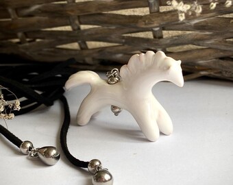White Ceramic Horse Necklace – Adjustable Faux Suede Cord – Handmade Animal Pendant