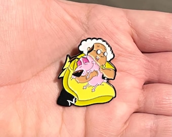 Muriel and Courage Dog Enamel Pin - Cowardly Pink Dog Metal Pin