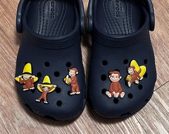 5pcs Set Bundle Curious Monkey Clog Charms - Banana George Yellow Hat Shoe Charms - Adventures Cartoon Kids Toddlers Accessories Gifts