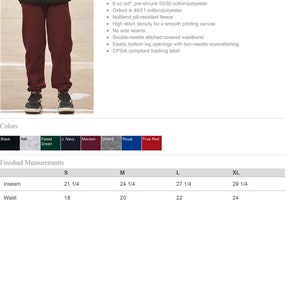 May include: Maroon youth sweatpants with elastic bottom leg openings. The pants are made of a pre-shrunk cotton/polyester blend. The image also shows a color chart and finished measurements for sizes S, M, L, and XL.