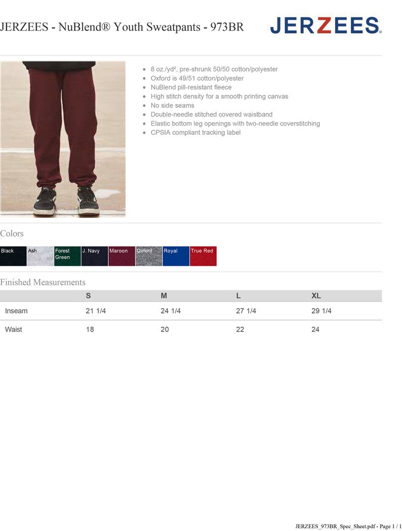 May include: Maroon youth sweatpants with elastic bottom leg openings. The pants are made of a pre-shrunk cotton/polyester blend. The image also shows a color chart and finished measurements for sizes S, M, L, and XL.
