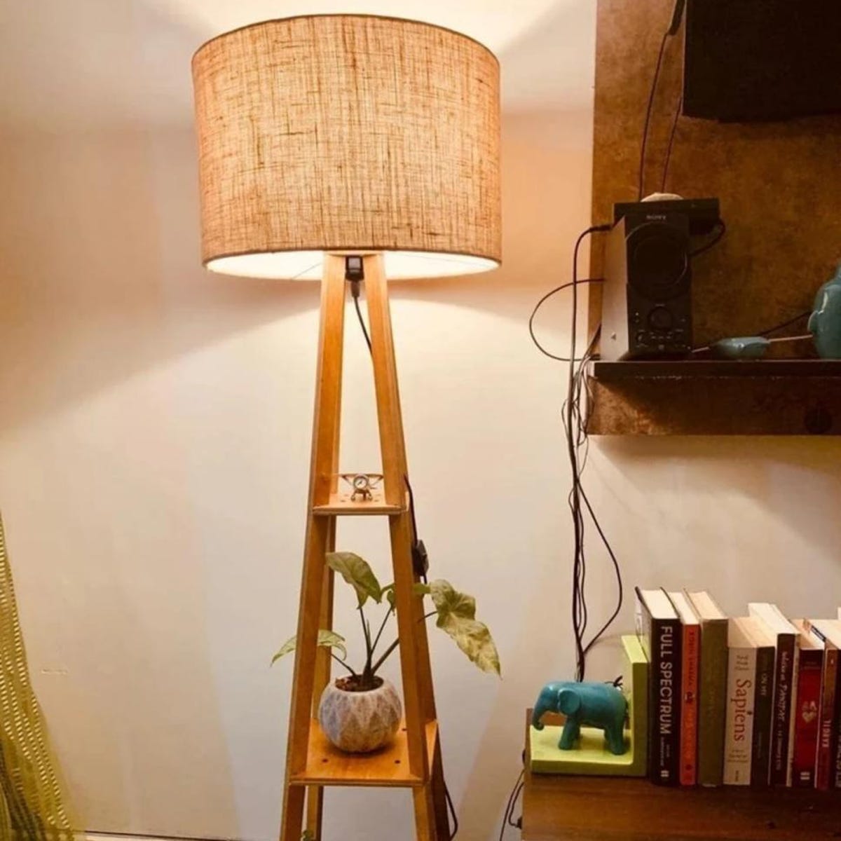 Modern Wood Floor Lamp with Shelves and Beige shade