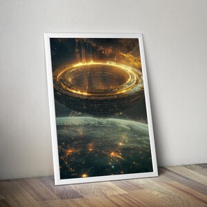 May include: A framed print featuring a futuristic space scene. A large, circular, metallic structure with bright yellow and orange lights hovers above a planet with illuminated cities. The artwork is set against a dark, starry background.