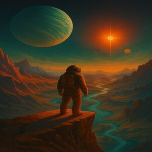 Zweite Sonne | Sci-Fi Handy Hintergrundbilder | Kosmischer Astronaut-Telefon-Hintergrund
