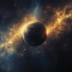 May include: A dark planet in a celestial scene, encircled by a vibrant nebula of gold and blue. The planet's surface shows illuminated areas, possibly cities or landmasses. The background is filled with stars and cosmic dust, creating a dramatic effect.