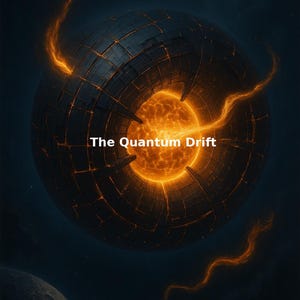 Puede incluir: Ilustración digital de una gran estructura esférica oscura con un núcleo naranja brillante y detalles intrincados. Se muestra el texto "The Quantum Drift". El fondo es un espacio oscuro con un planeta y una nave espacial.