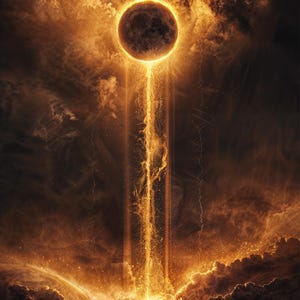 May include: A digital artwork shows a celestial body, possibly a planet or moon, radiating golden light beams. The background features swirling clouds in shades of brown and orange, creating a dramatic and ethereal atmosphere.