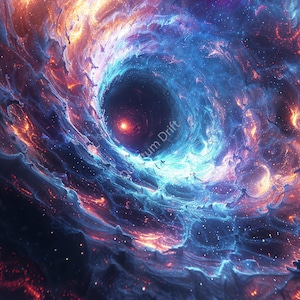 May include: Digital art depicting a swirling cosmic vortex with vibrant colors. The image features a dark center surrounded by swirling blues, oranges, and purples, with the text "Quantum Drift".