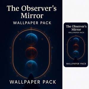 May include: Dark blue digital art featuring the text "The Observer's Mirror WALLPAPER PACK". The design includes three planet-like spheres in shades of blue and orange, within an oval frame. A smaller version of the design is on the right.
